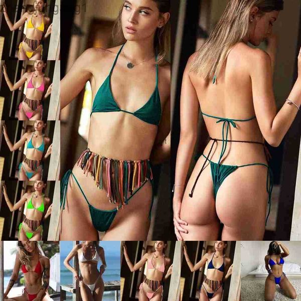 Diseñador de moda 2023 nuevo triángulo multicolor Copa Tanga Bikini Sexy correa para el cuello ajustable traje de baño para mujeres camisetas Tops