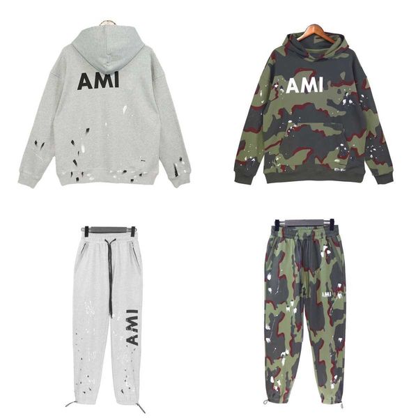 Designer Fashion Amirs Pantalons à sweat à sweat en deux pièces Impression de lettres et de camouflage Green Hooded Pull et femmes Loose