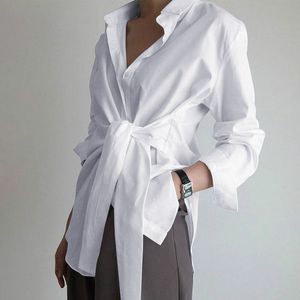 Designer Fashion Bow femmes à manches longues Blouse blanc décontracté à lacets chemises élégant revers cou OL asymétrique hauts printemps Blusas Fe