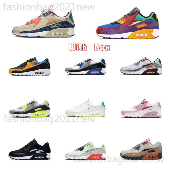 Designer Fashion Casual Sports Shoes Mens Women Air Chaussures Running Trainers Maxness 90 Blanc Black Paisley Pack Suede Derma Vintage Air Cushion Trend Sneakers