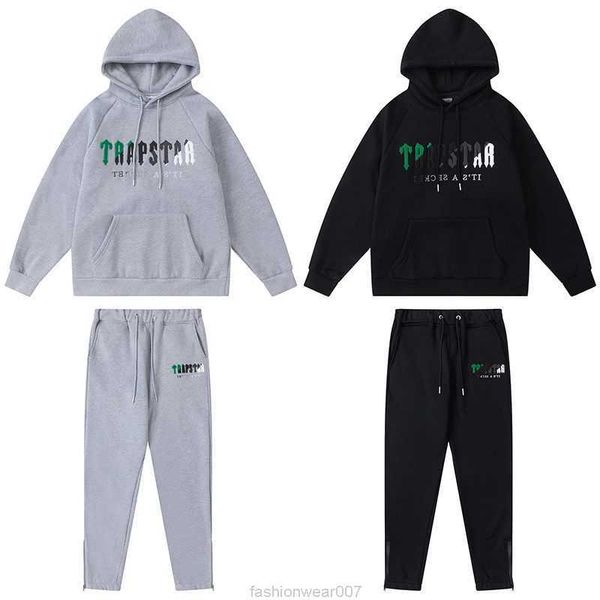 Designer Fashion Vêtements Mens Survêtements Sweats à capuche Trapstar Vert Noir Serviette Broderie Peluche Sweat à capuche Fermeture Pantalons à glissière Pantalons décontractés Sweat à capuche Ensemble Rock Hip hop Cott