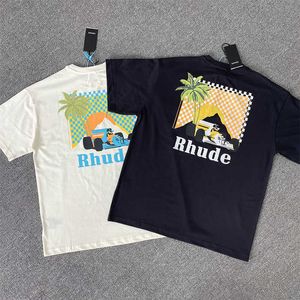 Diseñador de ropa de moda Camisetas Hip hop Camisetas Rhude Summer Coconut Tree Racing T-shirt Moonlight tropics Manga corta Streetwear Tops Ropa deportiva