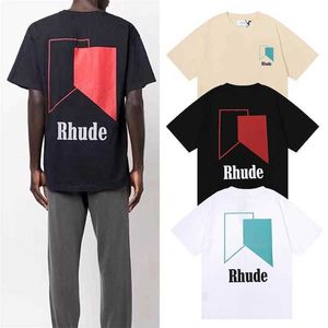 Diseñador de ropa de moda Camisetas Camisetas de hip hop Rhude Marca de moda Geométrico Cuadrilátero Bloque de color Impreso Hombres Mujeres Camiseta de moda de verano holgada