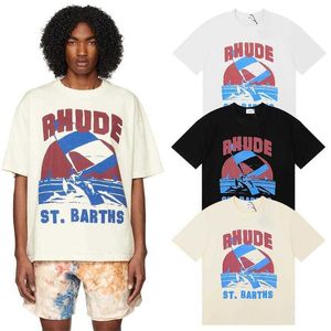 Designermode Kleding Tees Hip Hop T-shirts 2023ss High Street Vrije tijd Trend Merk Rhude Windsurf Sail Surf Print Heren Dames T-shirt Los streetwear