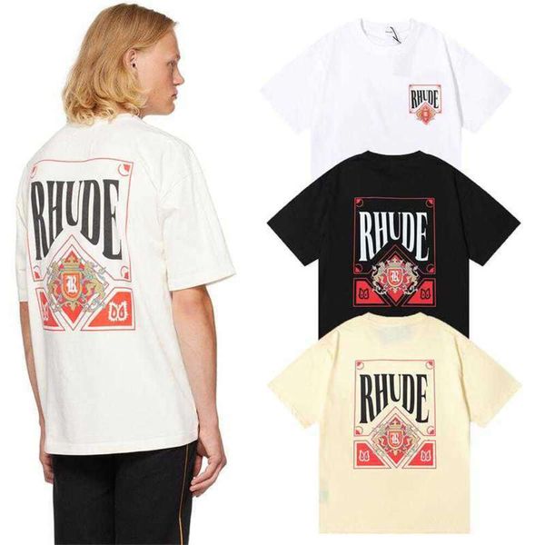 Diseñador Ropa de moda Camisetas Hip Hop Camisetas Rhude Vino Tarjeta roja Imprimir High Street Pareja Verano Algodón puro Camiseta de manga corta Streetwear Ropa deportiva suelta LGD