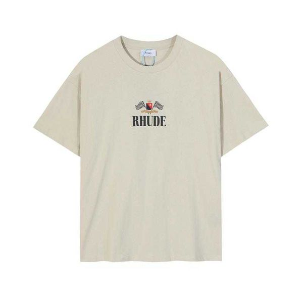 Diseñador de ropa de moda Camas de hip hop camisetas rhude a cuadros impresión de letra americano pequeño grupo para hombre camiseta de cuello redondo suelto