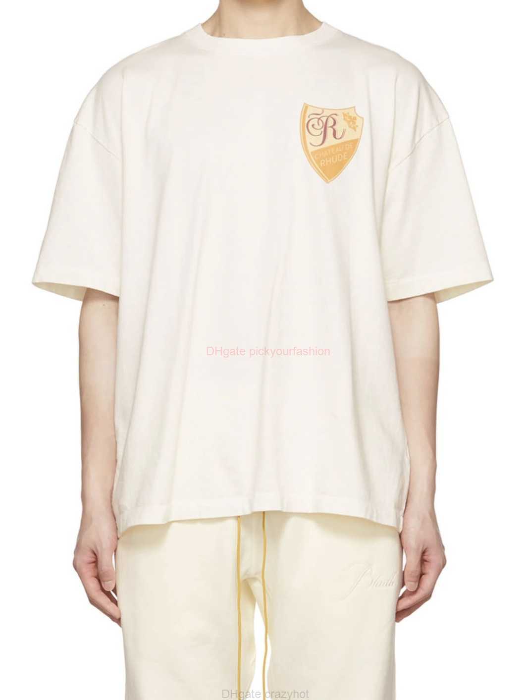 Tasarımcı Moda Giysileri Tees Tshirt H8026 Rhude Sarı Amblem Baskılı Kısa Kollu T-Shirt Pamuk Sokak Giyim Üstleri Sıradan Spor Giyim Rock Hip Hop Satılık