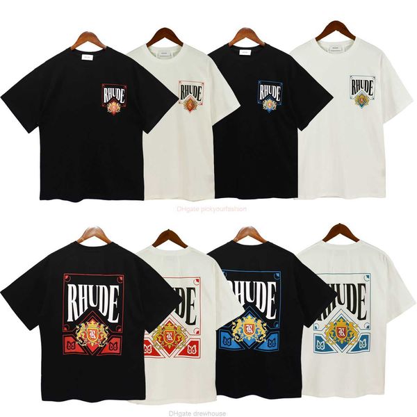 Diseñador Moda Ropa Camisetas Camiseta High Street Fashion Marca Rhude Nuevo Naipe Carta Imprimir Verano Pareja relajada Camiseta de manga corta Algodón Streetwear Top