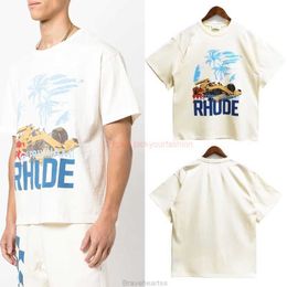 Diseñador Ropa de moda Camisetas Camiseta Rhude Springsummer Hombre Moda americana Oversize Coconut Racing Impresión de letras Pareja Camiseta de manga corta Algodón Streetw