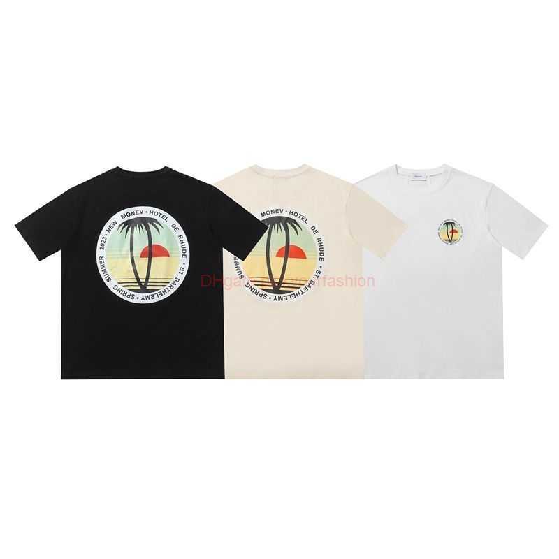 Designerska moda odzież koszulki Rhude Sunset Coconut Tree List do druku Lato Nowy trend Mały styl swobodny luźny okrąg