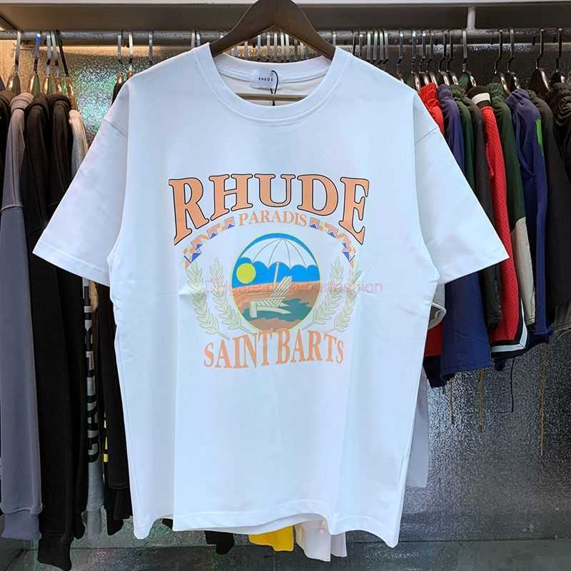 Designerska moda odzież koszulki Rhude Sunset na plaży Wzór drukowany okrągły szyję swobodny męski damski tshirt High Street Lose para Tshirt Pure Cotton Summer Cot
