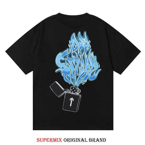 Diseñador Moda Ropa Camisetas Camiseta Trendy Trapstar Lighter Blue Flame Print American Street Loose Casual Hombre Mujer Camiseta de manga corta Verano Para la venta