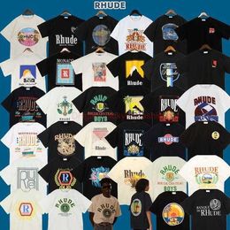 Diseñador de ropa de moda Camisetas Camiseta Versión Rhude Trendy American Loose Fitting Algodón Manga corta Pareja a juego Traje American High Street Camiseta es dulce