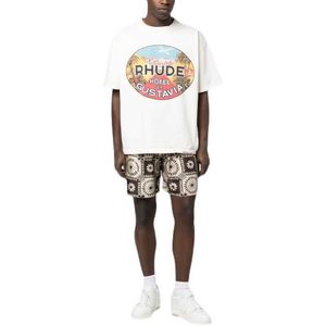 Designer Mode Kleding T-shirts T-shirts 2023 Zomer Nieuwe Rhude High Street Kokospalm Letter Print Losse Veelzijdige T-shirt met korte mouwen Heren Tops Katoen Streetwear