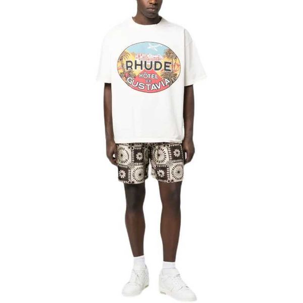 Designer Fashion Clothing Tees TShirts 2023 Summer New Rhude High Street Coconut Tree Letter Print Loose Versatile Short Sleeve T-shirt Hommes Tops Cotton Streetwear