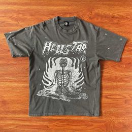 Designer Mode Kleding T-shirts T-shirts Hellstar Studios Rage Tee Skull Rapper Wash Water Grey Heavy Craft Man en vrouw t Rock Hiphop