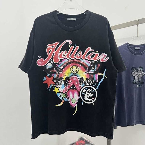 Diseñador Ropa de moda Camisetas Camisetas Hellstar Marca de moda estadounidense Verano Resumen Camiseta con estampado de diablo Hecho de hombres y mujeres viejos Mangas cortas frotadas sueltas Roc