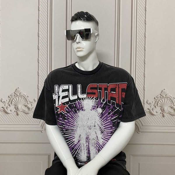 Designer Fashion Clothing Tees Tshirts Hellstar American High Street Fashion Brand Abstract Character Pentagram Imprimé Old Loose Short Sleeve Tshirt Male Rock Hi