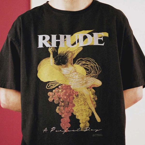 Designer Fashion Clothing Tees TShirts High Street Rhude Niche Grape Women Abstract Print Trendy Brand Loose American Cotton T-shirt Hommes Tops Streetwear Hip hop