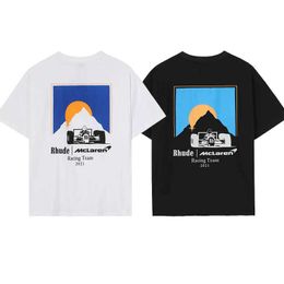 Diseñador de ropa de moda Camisetas Camisetas Rhude Co Branded Formula Racing Sunset Print Loose manga corta Us Couple Crew Neck T-shirt Tops Algodón Streetwear