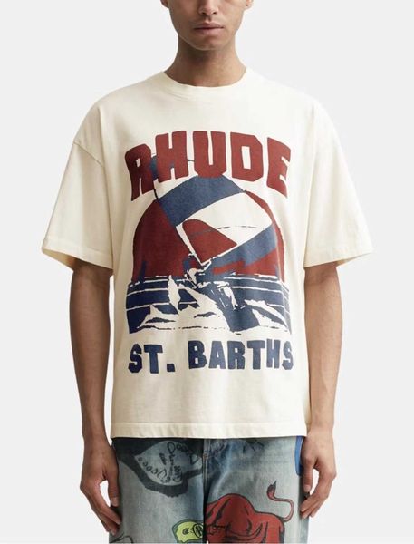 Diseñador Ropa de moda Camisetas Camisetas Rhude Summer Sailing Slogan Camiseta corta estampada Camiseta blanca de media manga de algodón Camiseta de moda Summer Streetwear hop
