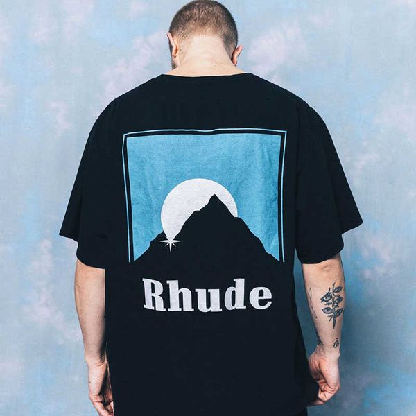 Diseñador de ropa de moda Camisetas Rhude Classic Sunset Theme Print Loose manga corta High Street Unisex Casual Sports T-shirt Trend Tops Algodón Streetwear