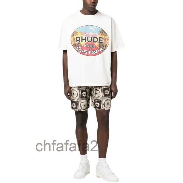 Diseñador Ropa de moda Camisetas Camisetas Verano Nuevo Rhude High Street Coconut Tree Carta Impresión suelta Versátil Manga corta Camiseta Hombres Tops Algodón Streetw YDO7