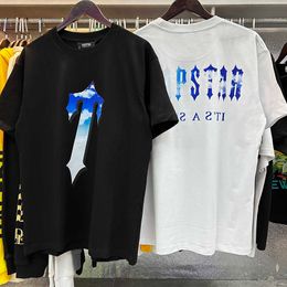 Designer Mode Vêtements Tshirt Tees Trapstar Bleu Ciel Blanc Nuage Classique Imprimé Col Rond Double Fil Pur Coton Casual Shorts Tshirt De Luxe Casual Coton Str