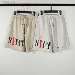 Designermode-Shorts aus Baumwollfrottee mit Saint Michael Co-Logo, religiöse Waschung, Old-V-Print, lockere Passform, Freizeithose für Herren und Damen