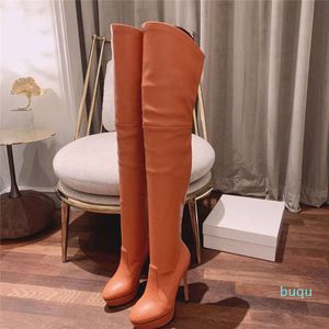 Designer- Fashion Frosted Leather Over the Knee Boots 14cm Super High Heel Long Tube Stretch Fall/Winter Waterproof Platform Womens