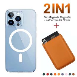 2 en 1 étui porte-cartes en cuir pour Magsafe iPhone 13 14 15 12 11 Pro Max Plus Mini étui de protection magnétique transparent pour téléphone