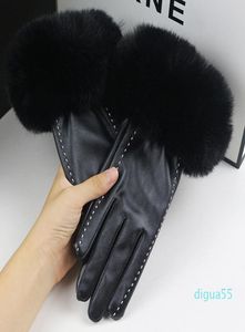 Designer Mode Konijnenbont PU Lederen Handschoenen Dames Touchscreen Lange Vinger Wanten Dames Hoge Kwaliteit Zwart Warm Rijden Glove1462413