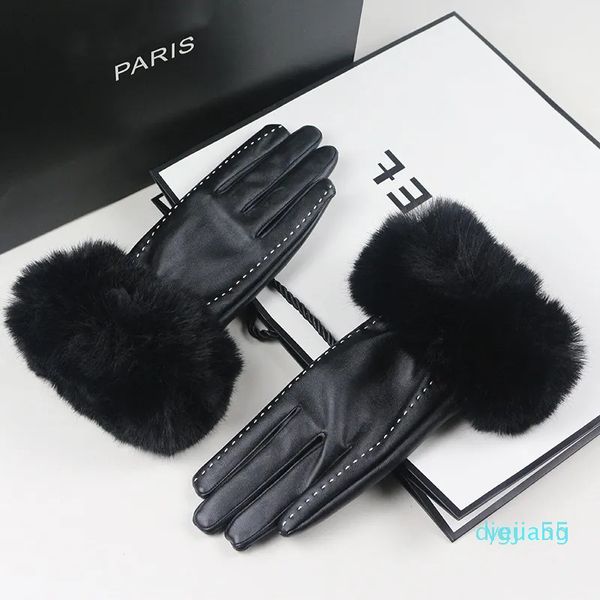 Guantes de piel sintética de piel de conejo para mujer, manoplas con dedos completos y pantalla táctil, color negro, cálido, para conducir, de diseñador