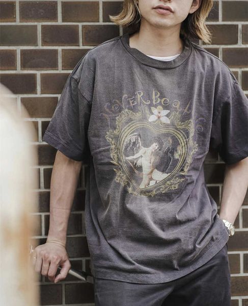 Diseñador de moda Saint Michael T Shirt Heart Box Angel Print se utiliza para lavar manga corta High Street Resto suelto