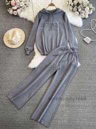 Designer Fashion Set Dames Koreaanse versie van losse gebreide hoodie tweedelige set informele met hoge taille afslankte rechte been brede broek