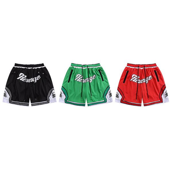 Pantalones cortos de diseñador de moda Venganza Panel doble Carta Parche de cráneo Cordón bordado Hip Hop Pantalones de baloncesto de malla sueltos Capris