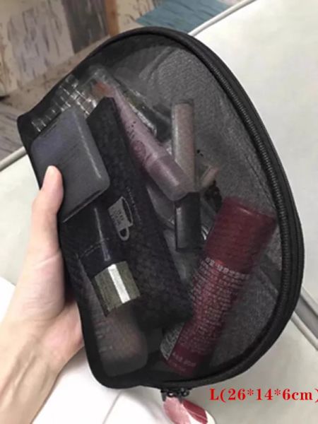 Bolsa de almacenamiento de moda de diseñador, malla transparente negra, logotipo de letra de lujo, bolsa de maquillaje con cremallera de gran capacidad, bolsa de lápiz labial, bolsa de lavado portátil, caja de almacenamiento de artículos de tocador de viaje