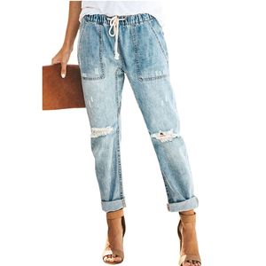 Designer Fashion Streetwear Bandage Ripped Women Baggy Jeans American Style Holes effilochées Burr Edge Pantalon rétro à jambes larges