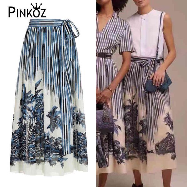 Diseñador de moda a rayas árbol tropical falda impresa midi azul encaje hasta skrits de cintura alta para fiesta casual lujo 210421