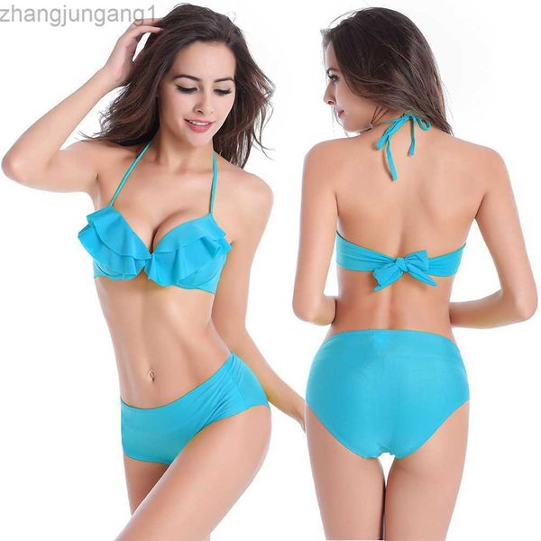 Diseñador de moda traje de baño sexy color sólido cintura media acero arrastre deportes bikini que cubre el vientre y delgado bikini de mujer traje de baño fábrica camisetas tops