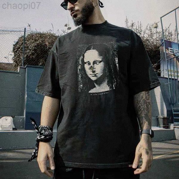 Camiseta de diseñador de moda Summer American High Street Mona Lisa Impreso Old Wash Camiseta de manga corta suelta informal para hombres y mujeres