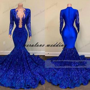 Royal Blue Mermaid Prom Dresses Sparkly Lace Pailletten Lange Mouwen Zwarte Meisjes Afrikaanse Celebrity Avondjurken