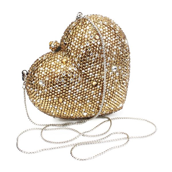 Bolsos de mano de noche con cristales dorados para mujer, cartera con forma de corazón, bolso de mano de fiesta de lujo (B1014-HG)