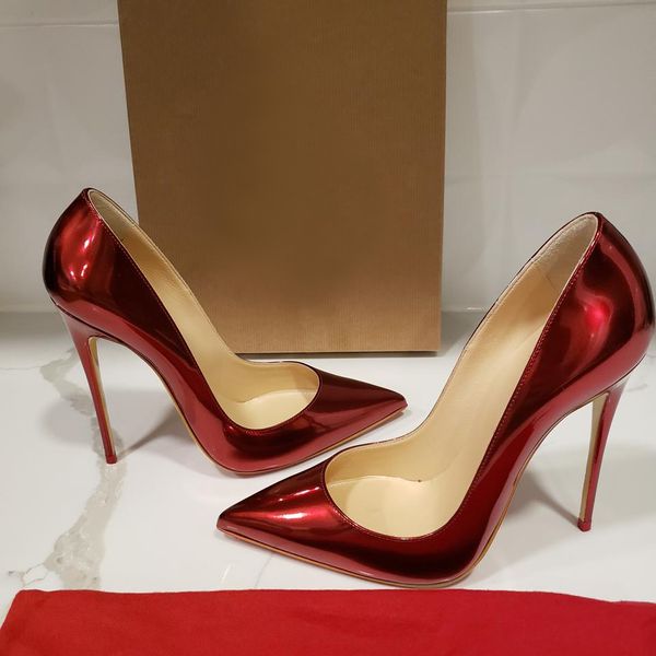 Designer-Livraison gratuite mode femmes pompes en cuir verni rouge bout pointu clouté pointes chaussures à talons hauts pompes à talons aiguilles flambant neuf 12cm