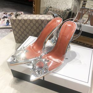 Designer gratis verzending mode vrouwen schoenen clear transparante kristallen strass punt teen hoge hakken gloednieuwe party schoenen trouwschoenen