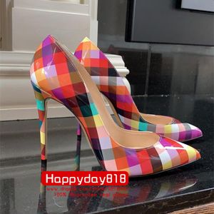 Diseñador Envío gratis moda mujer zapatos multi color punta de patente tacón de aguja tacones altos bombas novia zapatos de boda a estrenar 12 cm