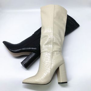 Botas hasta la rodilla de piel sintética de diseñador para mujer, botas con punta en pico, botas largas de tacón alto con bloque grueso para mujer, negro, marrón
