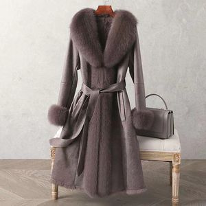Manteau de styliste en fausse fourrure de lapin pour femme, mi-long, ajusté en cuir, fourrure de renard, col, poignets, manteaux de fourrure avec ceinture, hiver