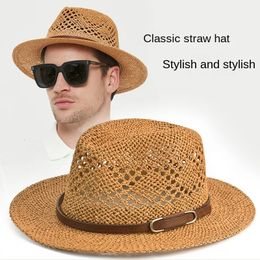 Chapeau Fedora de styliste à large bord pour homme, paille de plage, tissage exquis, maille ajourée, respirant, loisirs d'été 240320