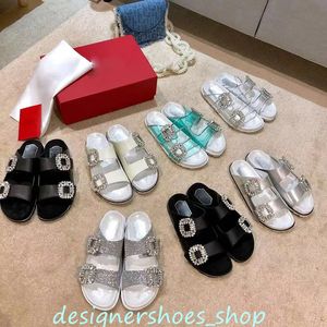 Designer Platte bodem Slippers Mode kristal Strass sandaal voor Dames kwaliteit Echt Leer Flash boor Gesp Slides schoenen Moeiteloos Stijlvolle Slipper